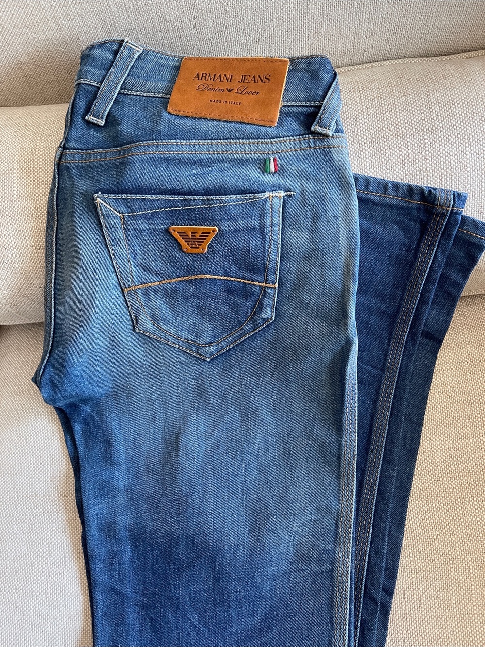 Armani Jeans Medium Blue Slim Straight Denim with Leather Patch